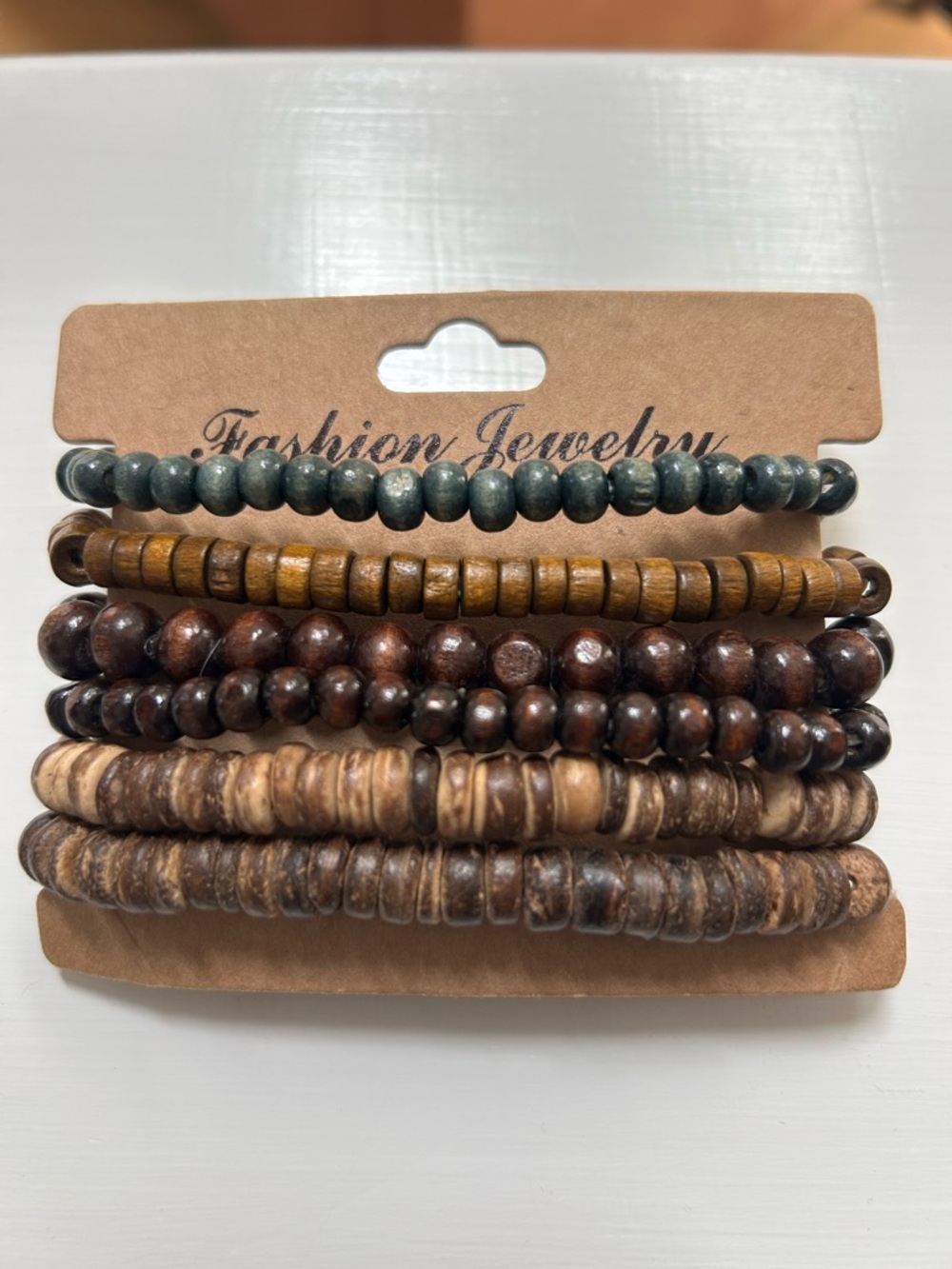 Stacked Natural Wood Beaded Bracelet Set - Brown and Olive